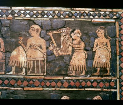 Detail der Standarte von Ur, zeigt einen sumerischen Harfenspieler und einen Herrscher, ca. 2600-2400 v. Chr. von Unbekannt