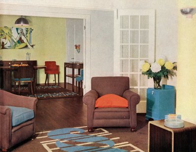 Esszimmer und Lounge in einer rekonstruierten Londoner Wohnung für Mrs. Harry Ewbank im Bryanston Court von Unbekannt