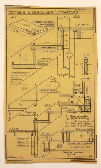 Zeichnung, Entwurf für ein Massenbetriebs-Haus von Hector Guimard, Treppenkonstruktion von Unbekannt