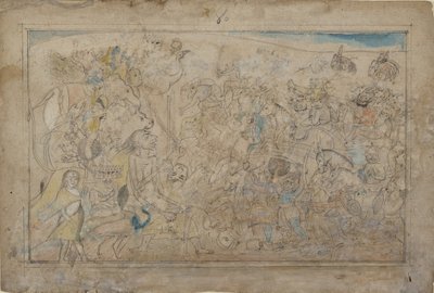 Durga, Kali und fünf Matrikas kämpfen gegen die Daitya-Armee des Dämons Shumbha... (ca. 1780) von Unbekannt