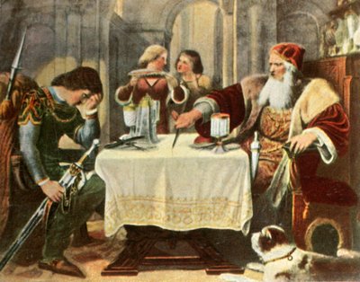 Eberhard schneidet das Tischtuch zwischen sich und seinem Sohn Ulrich in zwei Hälften, 1377, 1936 von Unbekannt