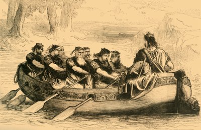 Edgar der Friedliche wird von acht tributpflichtigen Fürsten den Fluss Dee hinuntergerudert, ca. 1890 von Unbekannt