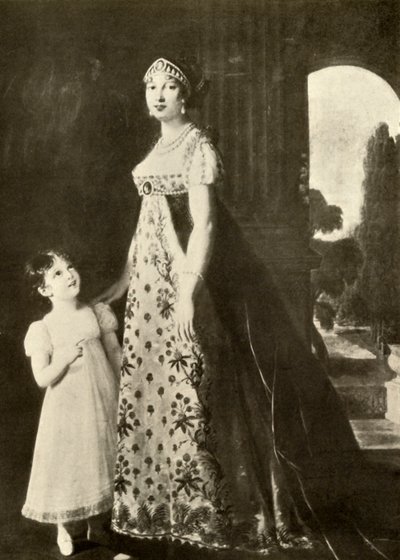 Empire-Kleid und Kinderkleid mit Valenciennes-Spitze besetzt, 1804, 1937 von Unbekannt