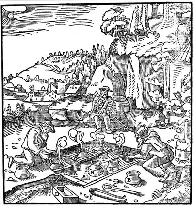 Verdampfungstöpfe mit Sole in einer natürlichen heißen Quelle zur Salzgewinnung, 1556 von Unbekannt