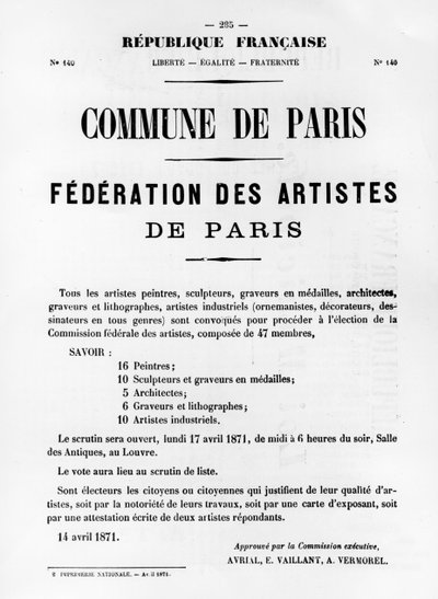 Föderation der Künstler, aus französischen politischen Plakaten der Pariser Kommune, Mai 1871 von Unbekannt