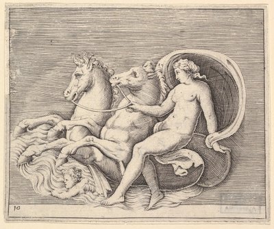 Weiblicher Akt mit zwei Seepferdchen, veröffentlicht ca. 1599-1622 von Unbekannt