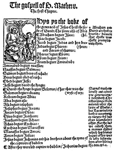 Erste Seite des Matthäus-Evangeliums aus William Tyndales englischem Neuen Testament, 1525 von Unbekannt