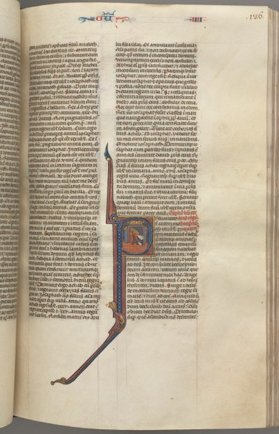 Fol. 136r, Könige IV, historisierte Initiale P, Ahasja fällt von einem Turm, um 1275-1300 von Unbekannt