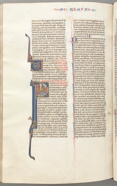 Fol. 454v, Thessalonicher I, historisierte Initiale P, Paulus sitzend mit einem Schwert und einem Buch..., ca. 1275-13 von Unbekannt