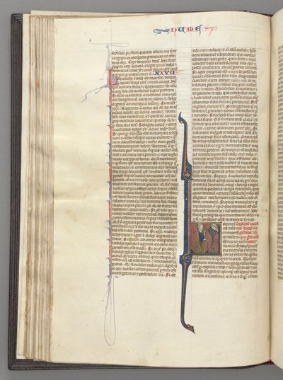 Fol. 46v, Numeri, historisierte Initiale L, Moses mit Hörnern, kniend vor Gott, um 1275-1300 von Unbekannt