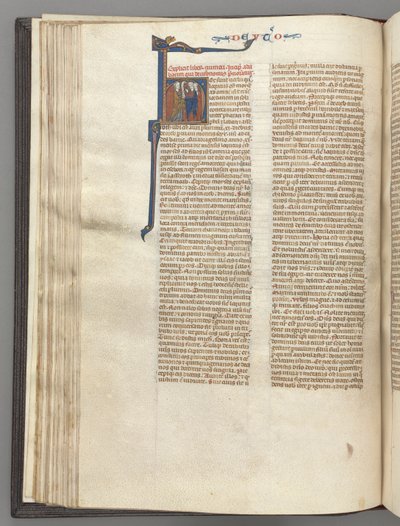 Fol. 62v, Deuteronomium, historisierte Initiale H, Moses mit Hörnern und Schriftrolle predigend..., um 1275-1300 von Unbekannt