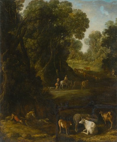 Waldinneres mit Reisenden und Viehhirten von Unbekannt