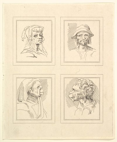 Vier Köpfe aus Karikaturen von Leonardo da Vinci, nach Zeichnungen von Wincelslaus Hollar von Unbekannt