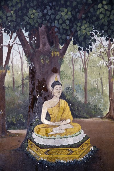 Fresko, das eine Szene aus dem Leben des Buddha im Wat Phra Doi Suthep zeigt: Buddha meditiert unter einem Baum, Chiang Mai, Thailand von Unbekannt
