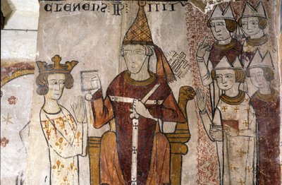 Fresko des Ferrande-Turms in Pernes-les-Fontaines (Pernes les Fontaines, Vaucluse (84)) aus dem 13. Jahrhundert: Karl I. von Anjou (1226-1285) wurde am 28.06.1265 von Papst Clemens IV. (ca. 1195-1268) im Königreich Sizilien investiert. von Unbekannt