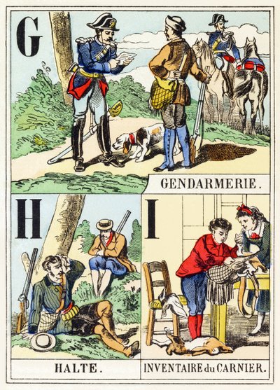 G H I : Gendarmerie, Halt, Inventar des Jagdbeutels - Das Jagdalphabet, ca. 1890 (Gravur) von Unbekannt