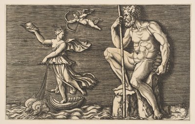 Galatea entkommt Polyphemus, er sitzt auf einem Felsen und hält einen Stab und Pfeifen, ca. 1515-1600 von Unbekannt
