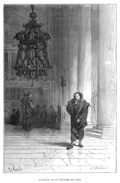 Galileo beobachtet das Schwingen des Kronleuchters in der Kathedrale von Pisa, um 1584 von Unbekannt