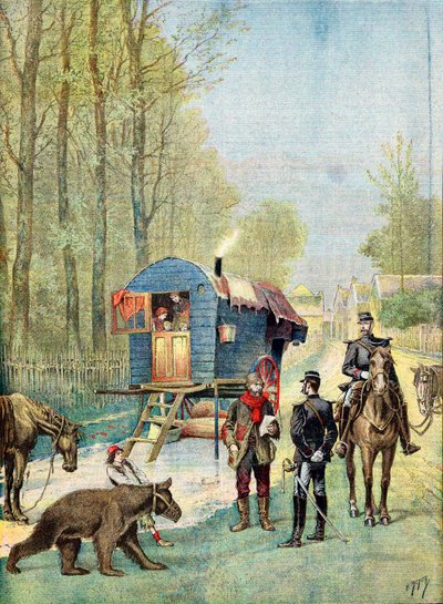 Gendarmen bringen Volkszählungsformulare zu einem Lager von fahrenden Zigeunern in ihrem Wohnwagen, 1895 von Unbekannt