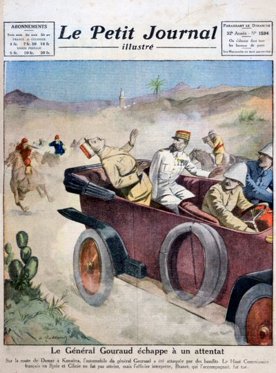 General Gouraud entkommt einem Attentat auf der Route von Damaskus nach Kunaitra, 1921 von Unbekannt