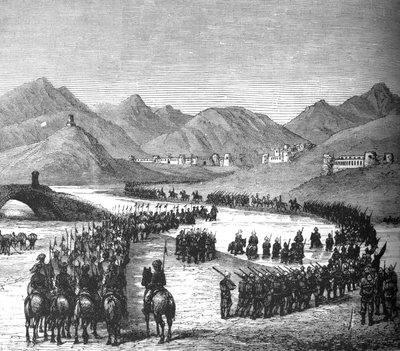 Division von General Ross überquert den Logar-Fluss auf dem Weg, um Sir Donald Stewart zu treffen, ca. 1880 von Unbekannt