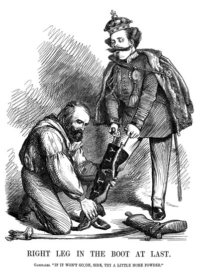 Giuseppe Garibaldi hilft Viktor Emanuel II., den Stiefel Italiens anzuziehen, 1860 von Unbekannt