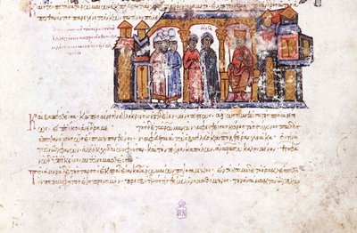 Großfürstin Olga besucht Konstantin VII. Miniatur aus dem Madrid Skylitzes, 11.-12. Jahrhundert von Unbekannt