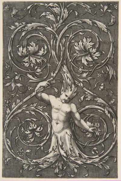 Groteske mit männlicher Figur mit Unterkörper und Kopf aus Akanthusranken, ca. 1515-1600 von Unbekannt