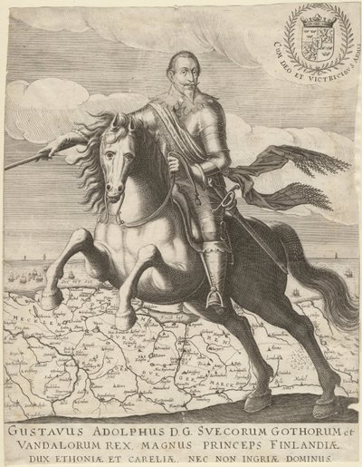 Gustav Adolf vor der Karte von Pommern im Hintergrund, 1630 von Unbekannt