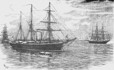 HMS Iris, mit den Kanonenbooten Beacon und Decoy, Blockade von Damietta, um 1882 von Unbekannt