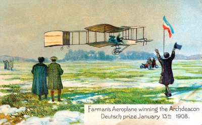 Henri Farman, französischer Flieger, gewinnt den Preis für den ersten Rundflug über einen Kilometer, Paris, Januar 1908 von Unbekannt