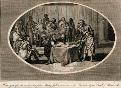 Heinrich III. wird den Baronen vom Earl of Pembroke vorgestellt, 1216 von Unbekannt