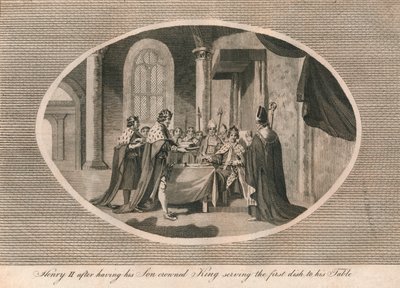 Heinrich II., nachdem er seinen Sohn zum König gekrönt hat, serviert das erste Gericht an seinem Tisch von Unbekannt
