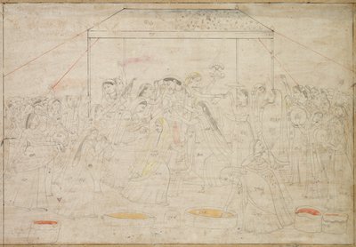 Hindu-Gott Krishna wird für das Frühlingsfest Holi in Frauenkleider gehüllt, c. 1790 von Unbekannt