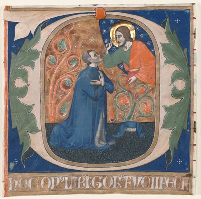 Historisierte Initiale O aus einem Antiphonar: Der Stifter, Gorus Fucci, kniet vor Christus von Unbekannt