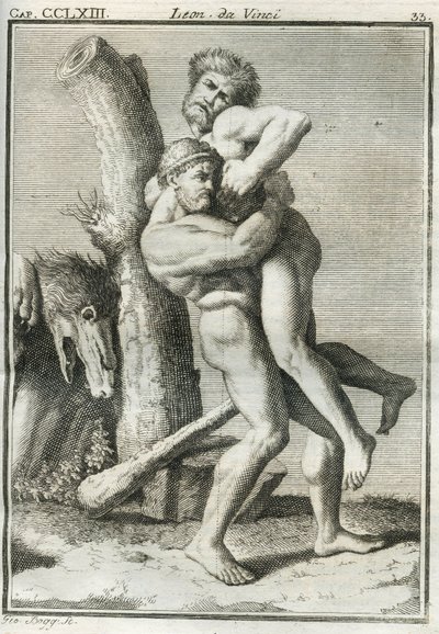 Der florentinische Maler verwendet das Bild von Herkules, der Anteo in einer tödlichen Umarmung hält, um die menschliche Figur zu studieren, während sie ein Gewicht trägt. Gravur aus „Trattato della pittura di Lionardo da Vinci“ von Unbekannt