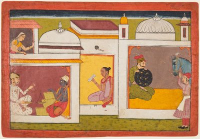In einem Gebäude sitzt Madhava einem Mann gegenüber, der eine Waage hält, aus einem Madhavanala..., um 1700 von Unbekannt
