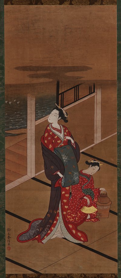 Innenraum: Eine Yujo und eine Begleiterin beim Wassererhitzen, Edo-Periode, 1615-1868 von Unbekannt