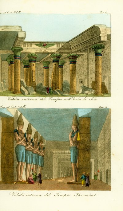 Innenraum des Tempels der Isis auf der Insel Philae, Nubien, und Innenraum des Großen Tempels von Ramses II in Abu Simbel (Ibsambul), Nubien von Unbekannt