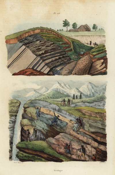 Eisenminen im Harzgebirge bei Clausthal, Deutschland, und Wanderer, die Flüsse, Berge und Gletscher überqueren von Unbekannt