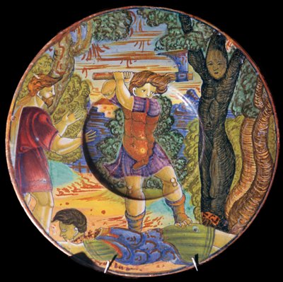 Italienischer Irdenware-Teller, Erysichthon fällt einen Baum im Hain der Ceres, 16. Jahrhundert von Unbekannt