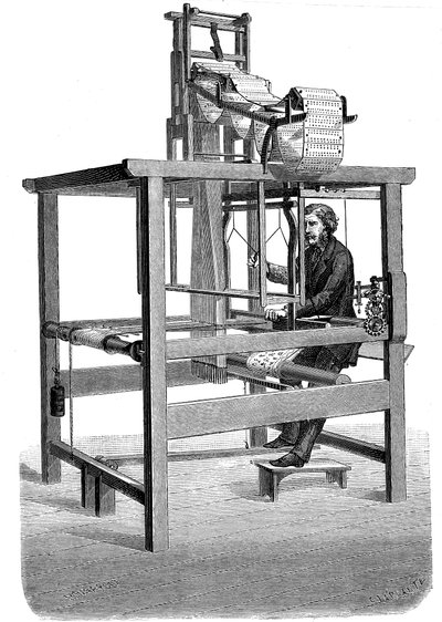 Jacquard-Webstuhl, mit Girlanden von Lochkarten, aus denen das Muster gewebt wurde, 1876 von Unbekannt