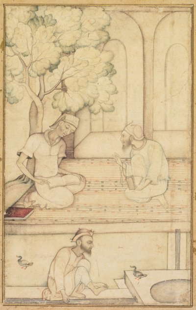 Kabir und zwei Anhänger auf einer Terrasse recto, Kalligraphie verso, um 1610-1620 von Unbekannt