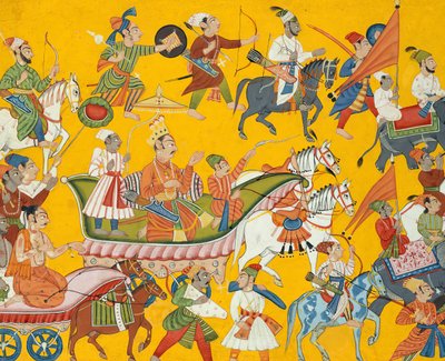 König Dasaratha und sein Gefolge auf dem Weg zur Hochzeit von Rama: Folio aus dem Shangri von Unbekannt
