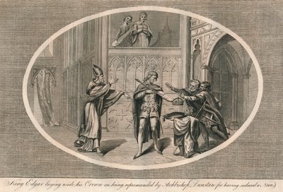 König Edgar legt seine Krone ab, nachdem er von Erzbischof Dunstan gerügt wurde, ca. 960er Jahre, 1793 von Unbekannt