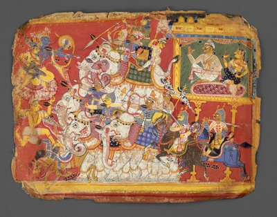Krishna kämpft gegen die Armeen des Dämons Naraka: Seite aus einem Bhagavata Purana Manuskript, ca. 1540 von Unbekannt