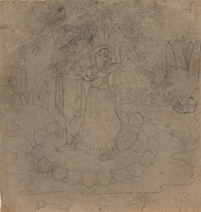 Krishna und Radha stehen auf einer Lotusblume, spätes 19. - frühes 20. Jahrhundert von Unbekannt
