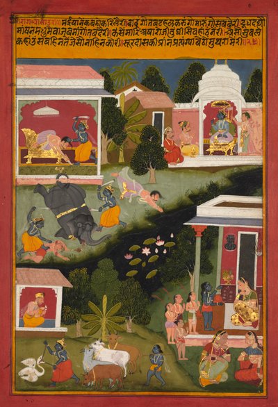 Krishna als Dämonenzerstörer, Seite aus Surdass Sursagar, um 1700 von Unbekannt