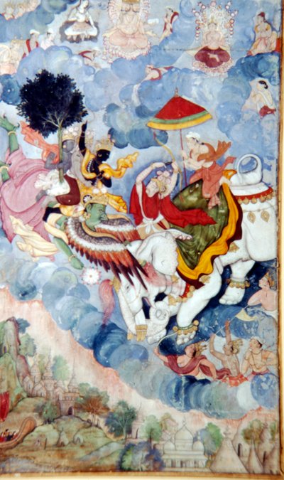 Krishna, reitend auf dem Vogelgott Garuda, kämpft gegen den Gott Indra auf einem Elefanten, ca. 1590 von Unbekannt