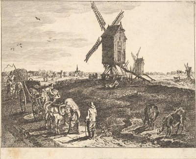 Landschaft mit Windmühlen und Karren von Unbekannt